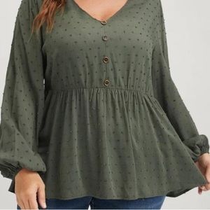 NWT Bloomchic Olive Green Button Down Long Sleeve Babydoll Blouse 22/24